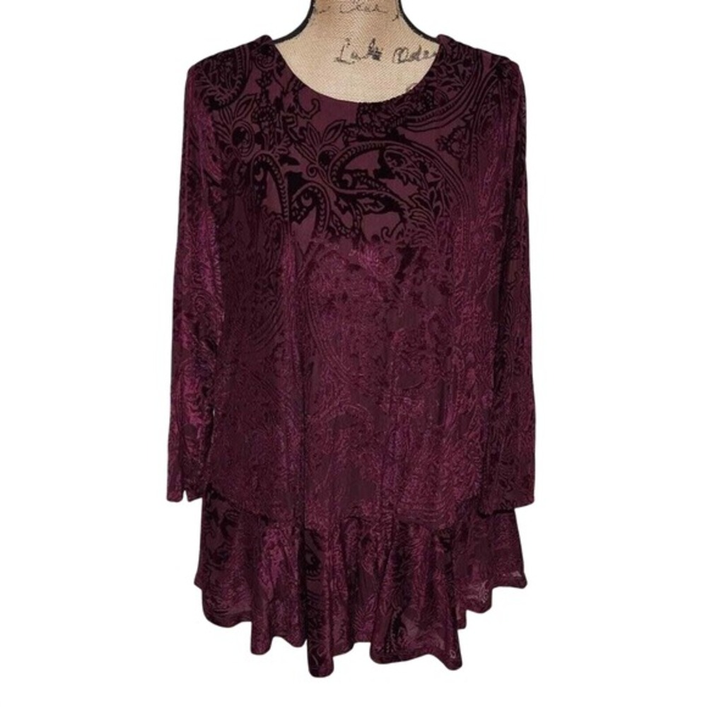 Altar'd State Burgundy Paisley Burnout Velvet Tunic Dress Top Medium Wine‎